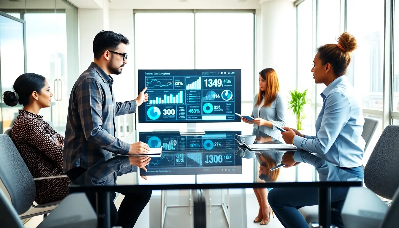 diverse analysts discussing data in a modern office setting.